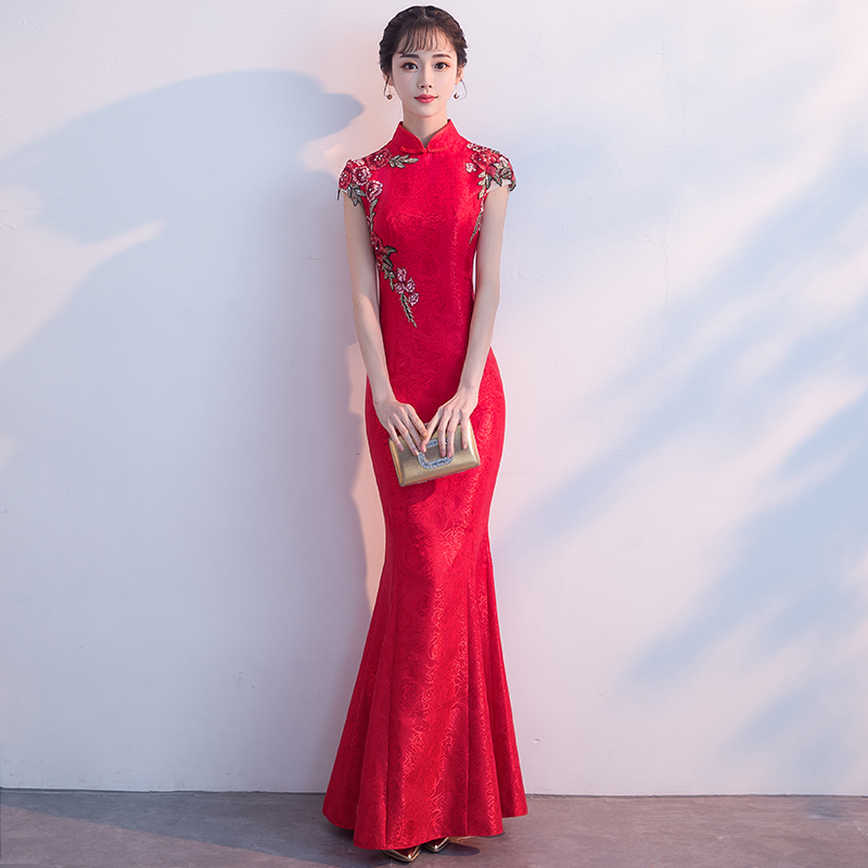 奧運旗袍禮儀服裝長款紅色服裝